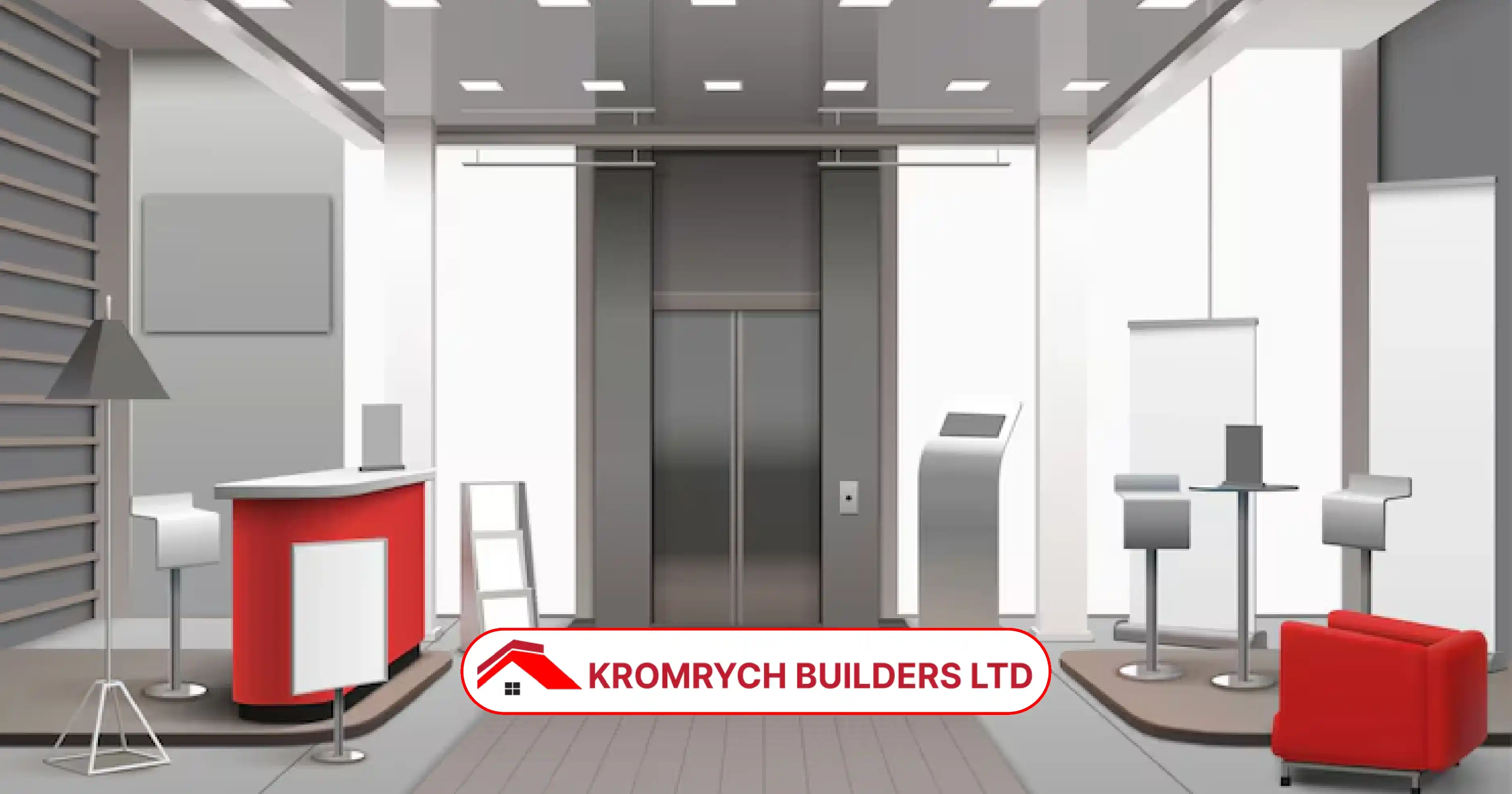 Modern office fit out design by Kromrych Builders Ltd featuring reception, seating, and elevator area.